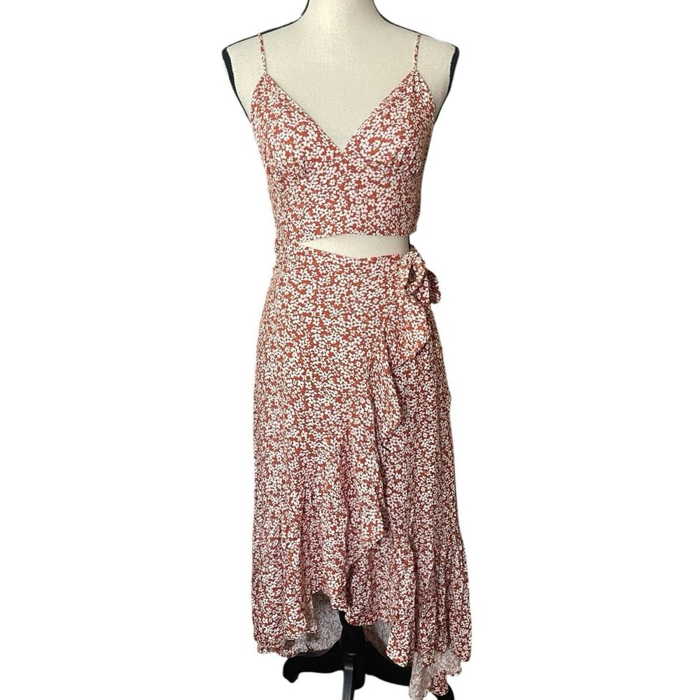 Lulu’s Summer Romance Rust Brown Floral Print Two-Piece Midi Dress Small Boho - Picture 3 of 13